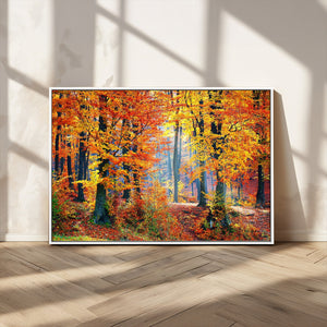 Autumn Red Forest Triptych Canvas Wall Art Print, Forest