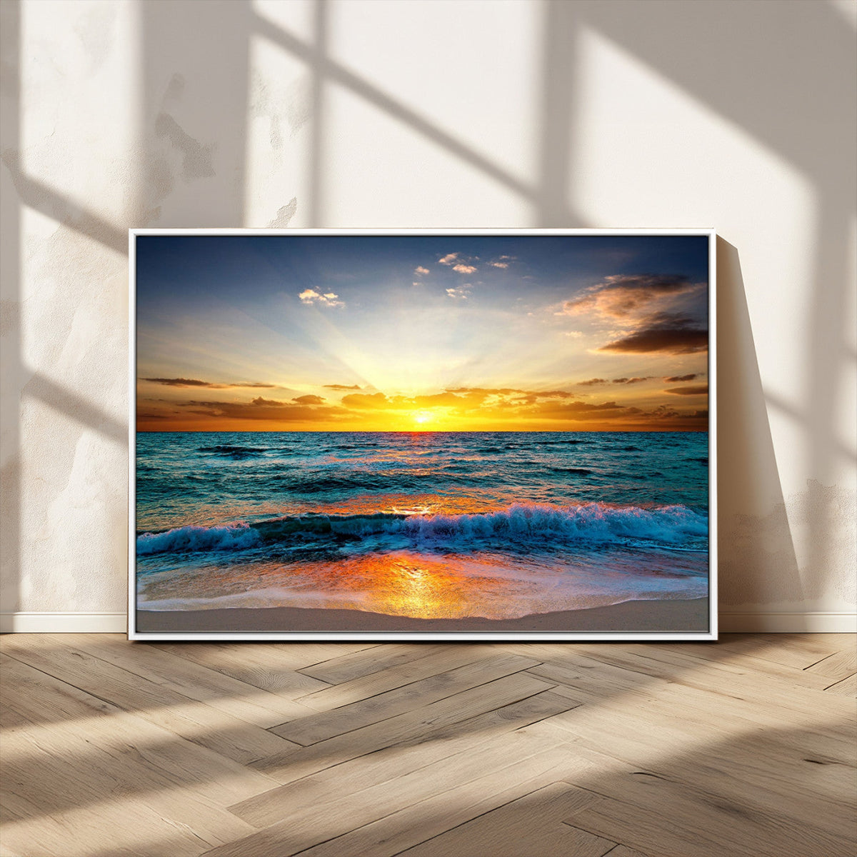 Vibrant Ocean Sunrise Over Golden Beach Waves, Giclee Canvas