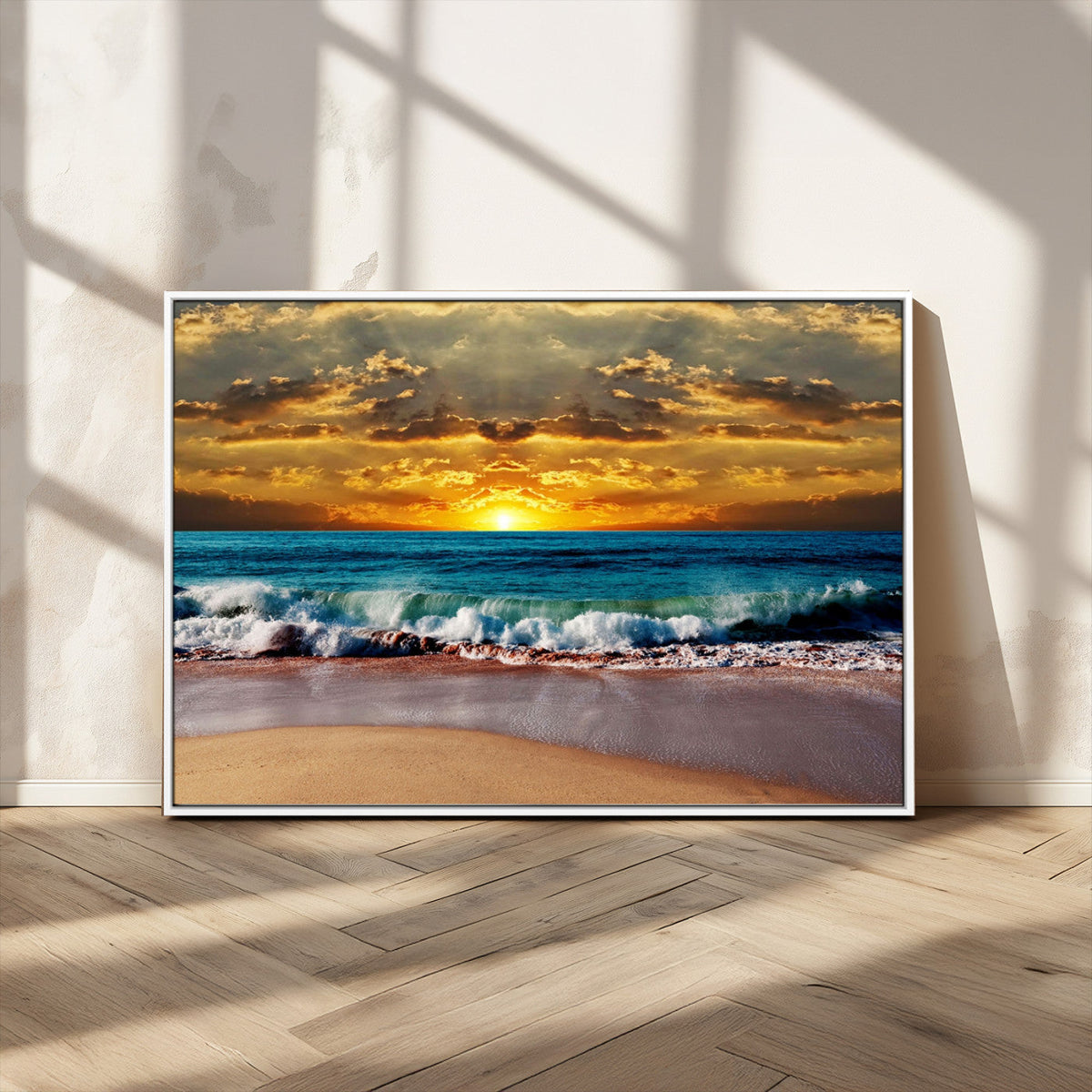 Ocean Sunrise Over Golden Beach Waves, Giclee Canvas Wall
