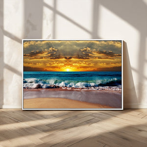 Ocean Sunrise Over Golden Beach Waves, Giclee Canvas Wall
