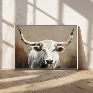 White Longhorn Bull Wall Art Canvas Print – Framed and Ready