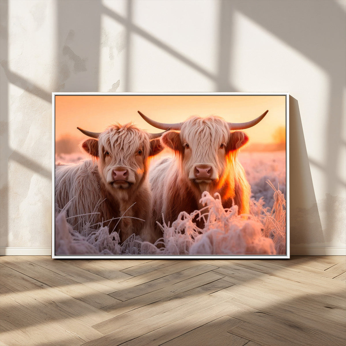 Highland Cows at Sunrise Wall Art Canvas Set – Serene and