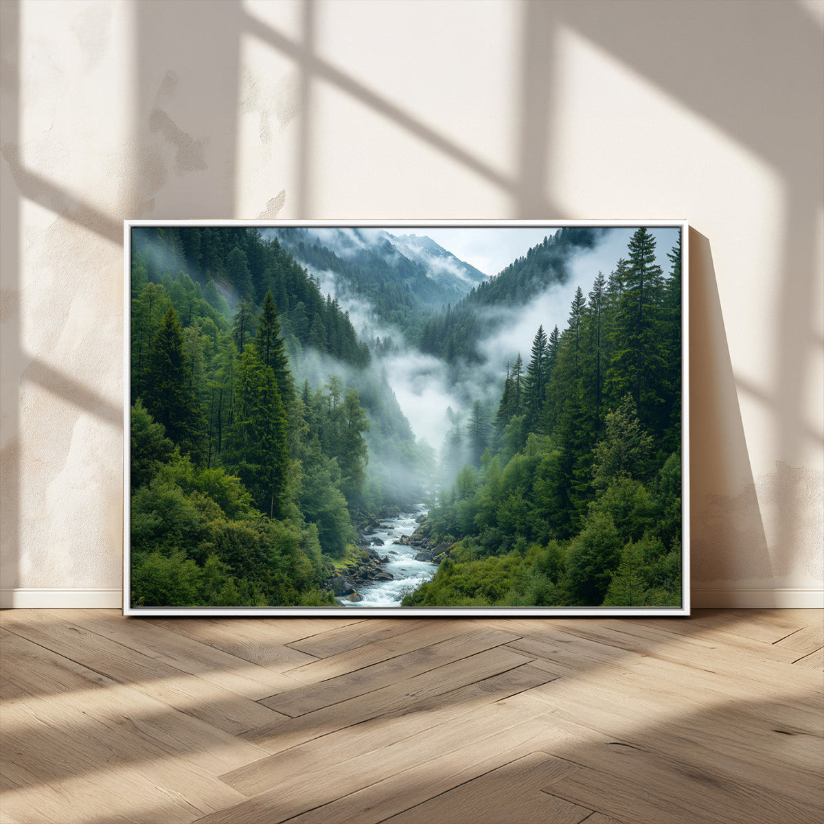 Mountain Forest River Canvas Wall Art Print - Serene Nature