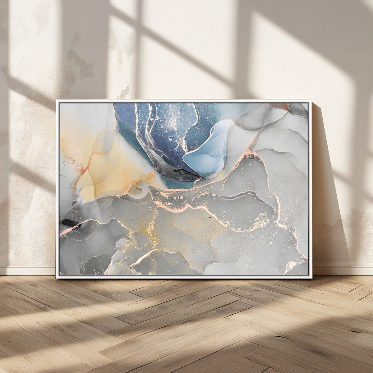 Large Abstract Blue and Gold Canvas Wall Art | Fluid Ink