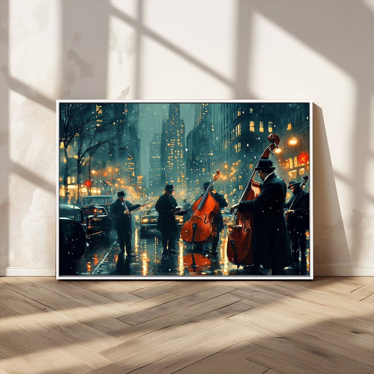 Urban Night Jazz Wall Art Canvas Print – Moody Rain-Soaked