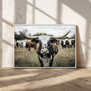 Texas Longhorn Wall Art – Framed Speckled Cow Canvas