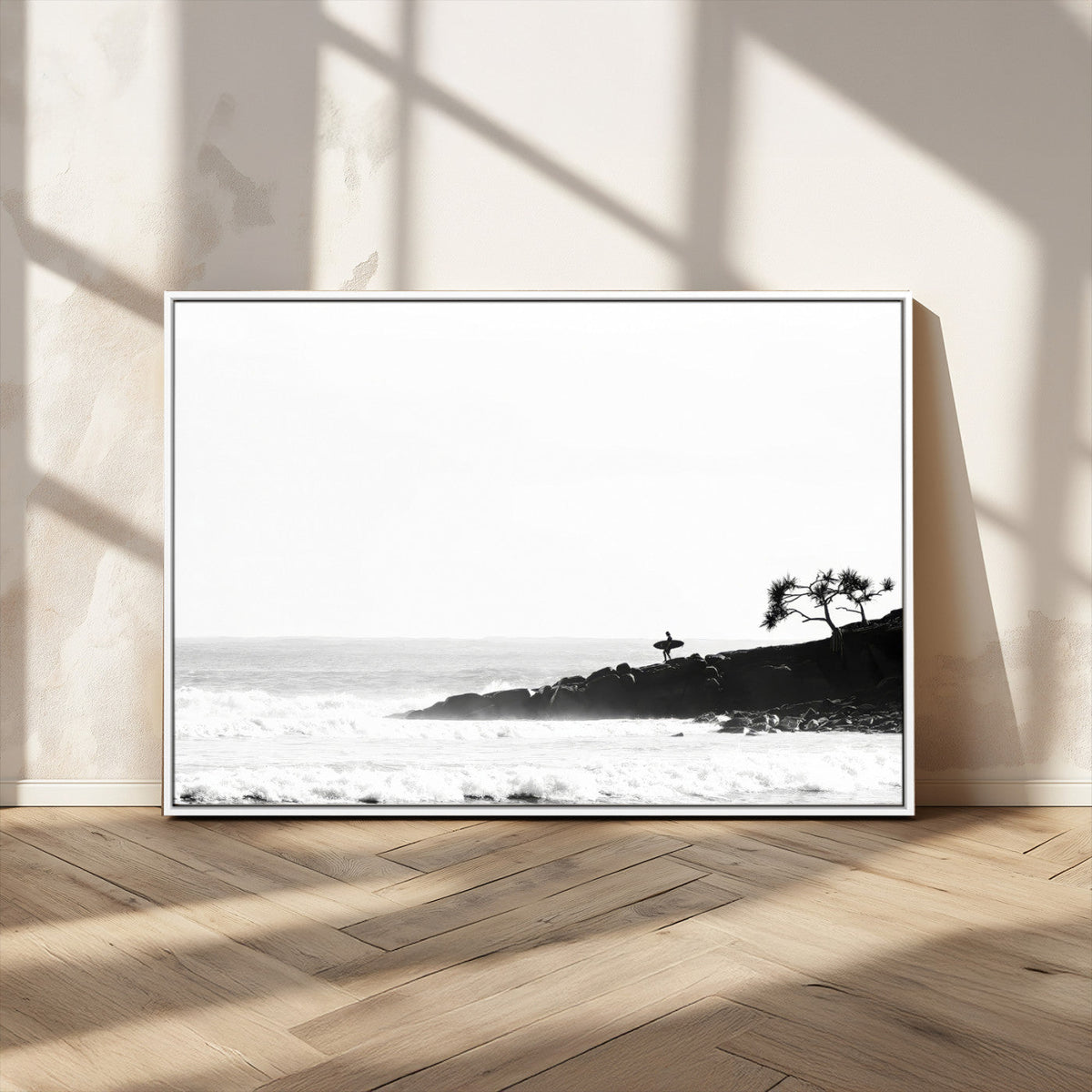 Surfer Cliffs Wall Art Canvas Print – Framed Black White