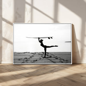 Yoga Surf Wall Art Canvas Print – Framed Black White Shore