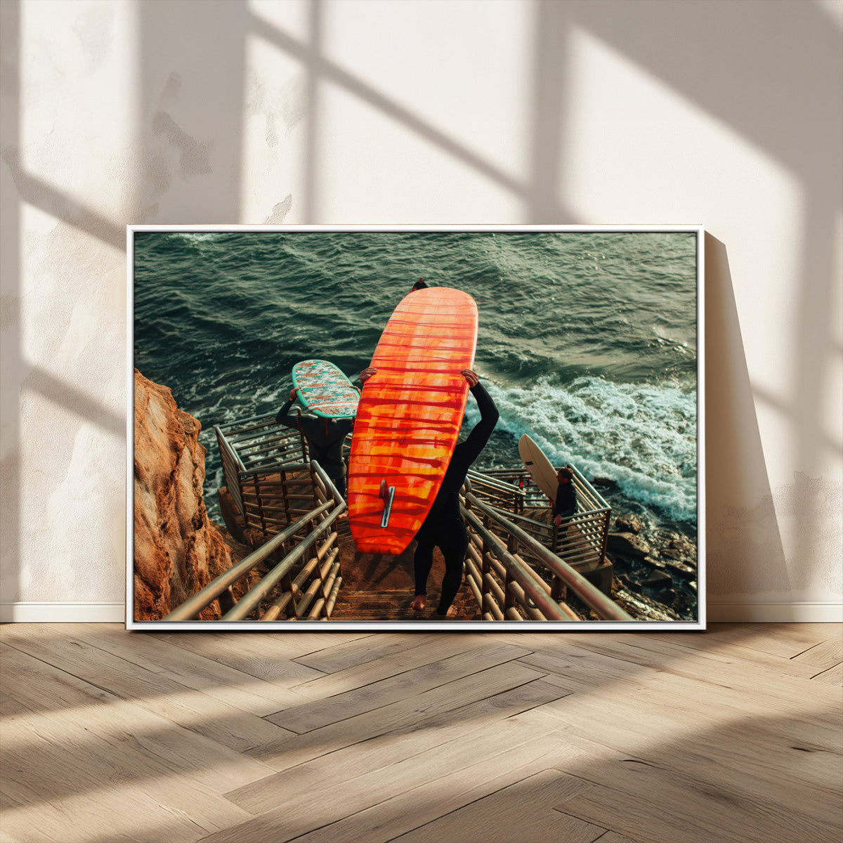 Surfer Stairway Wall Art – Framed Ocean Surf Canvas Artwork,