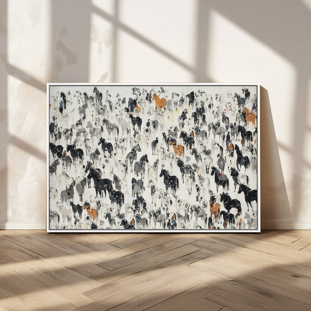 Wild Horse Stampede Wall Art Canvas Print – Monochrome