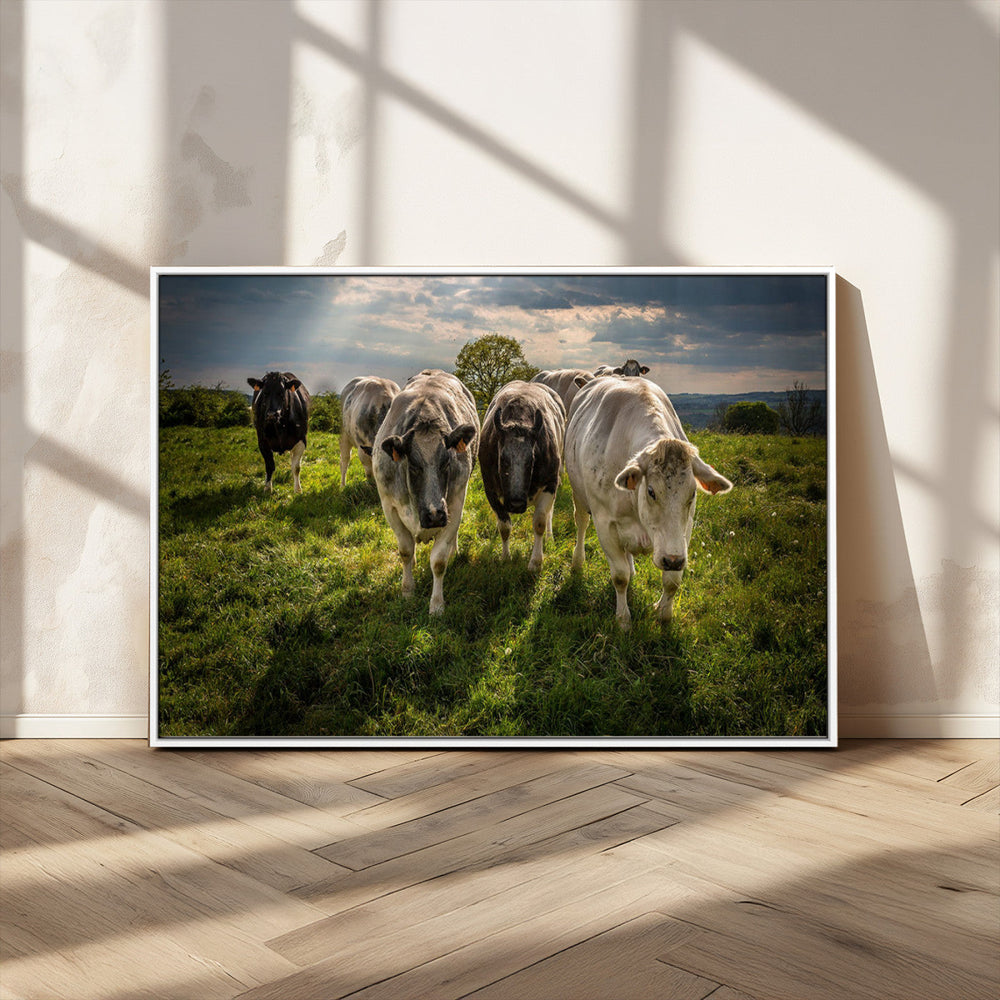 Grazing Cattle Herd Wall Art, Green Pasture Livestock Canvas