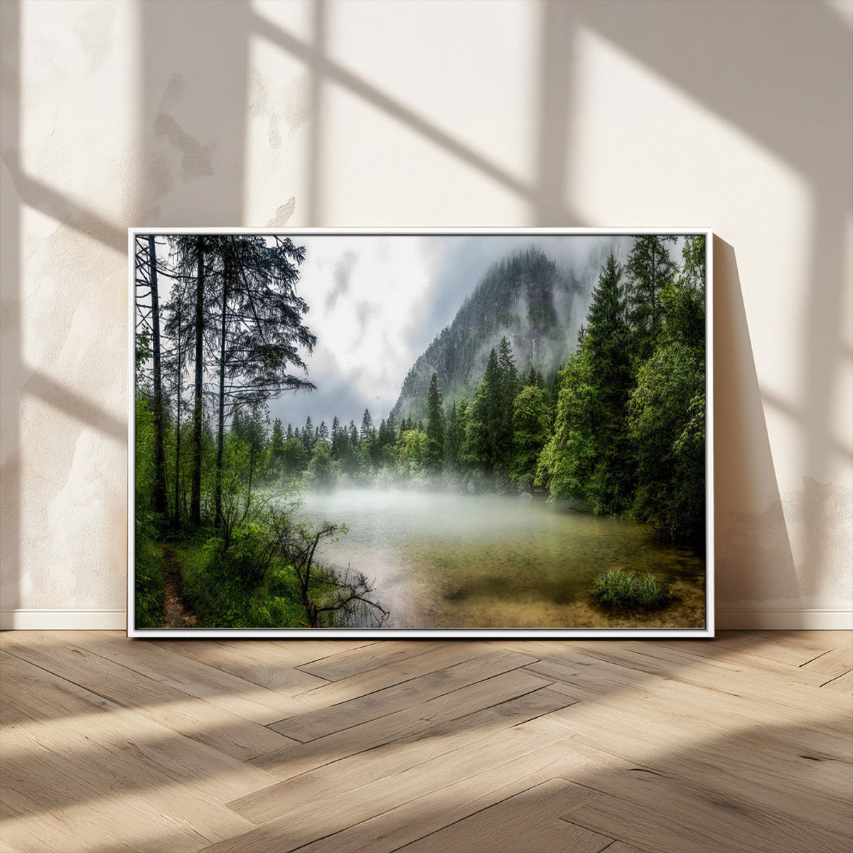 Misty Lake Forest Wall Art Canvas Print, Green Trees and