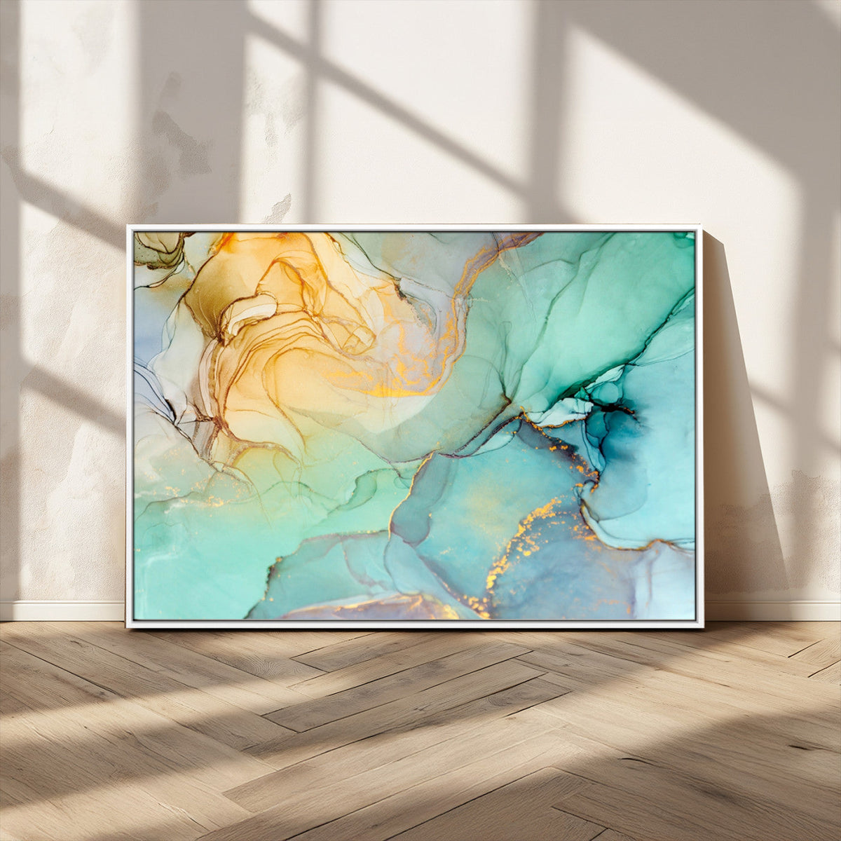 Abstract Aqua and Gold Fluid Wall Art Canvas | 3 Panel Large