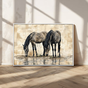 Chinese Style Abstract Black Horses Wall Art Canvas Print -