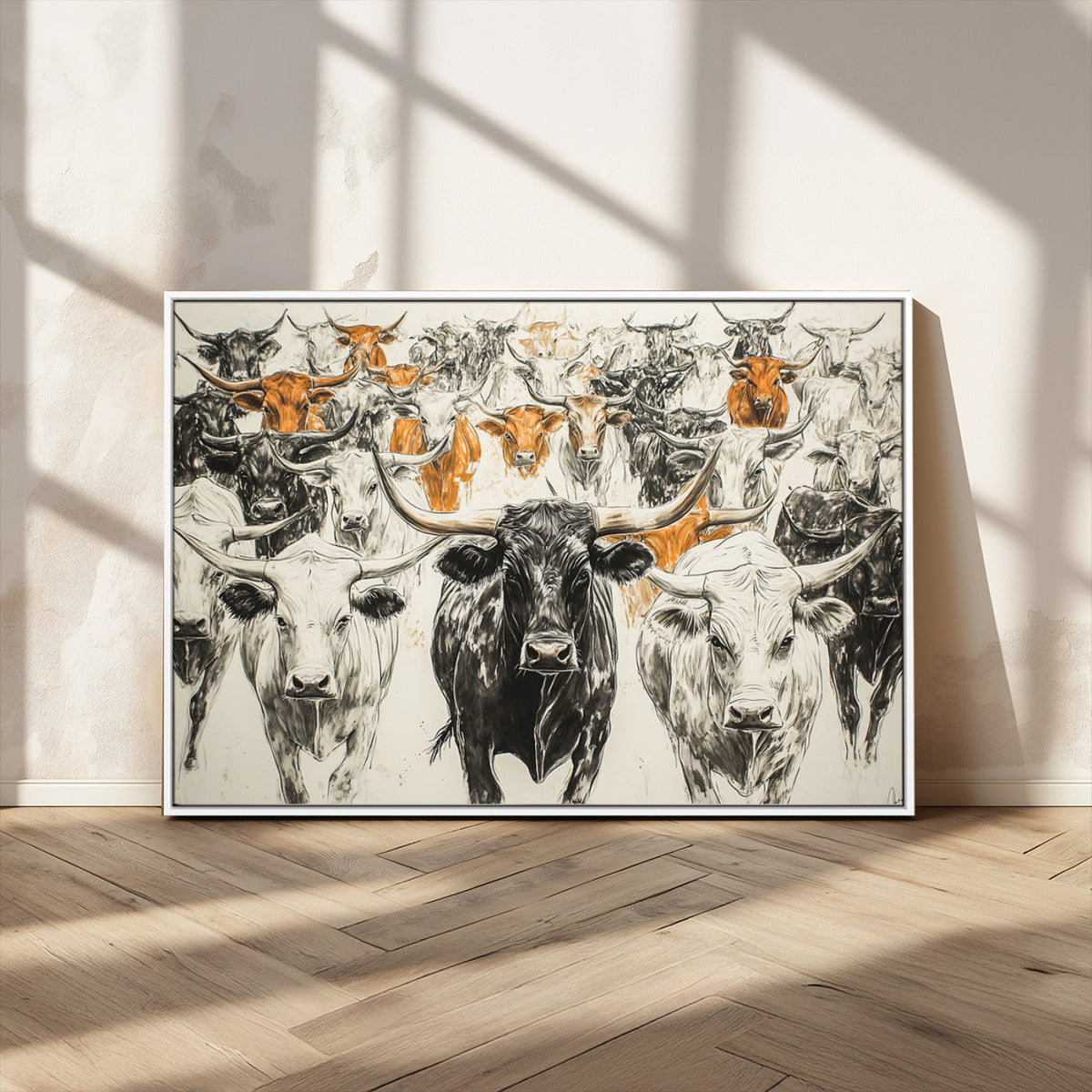 Farmhouse Wall Art | Western Longhorn Cattle Canvas Print |