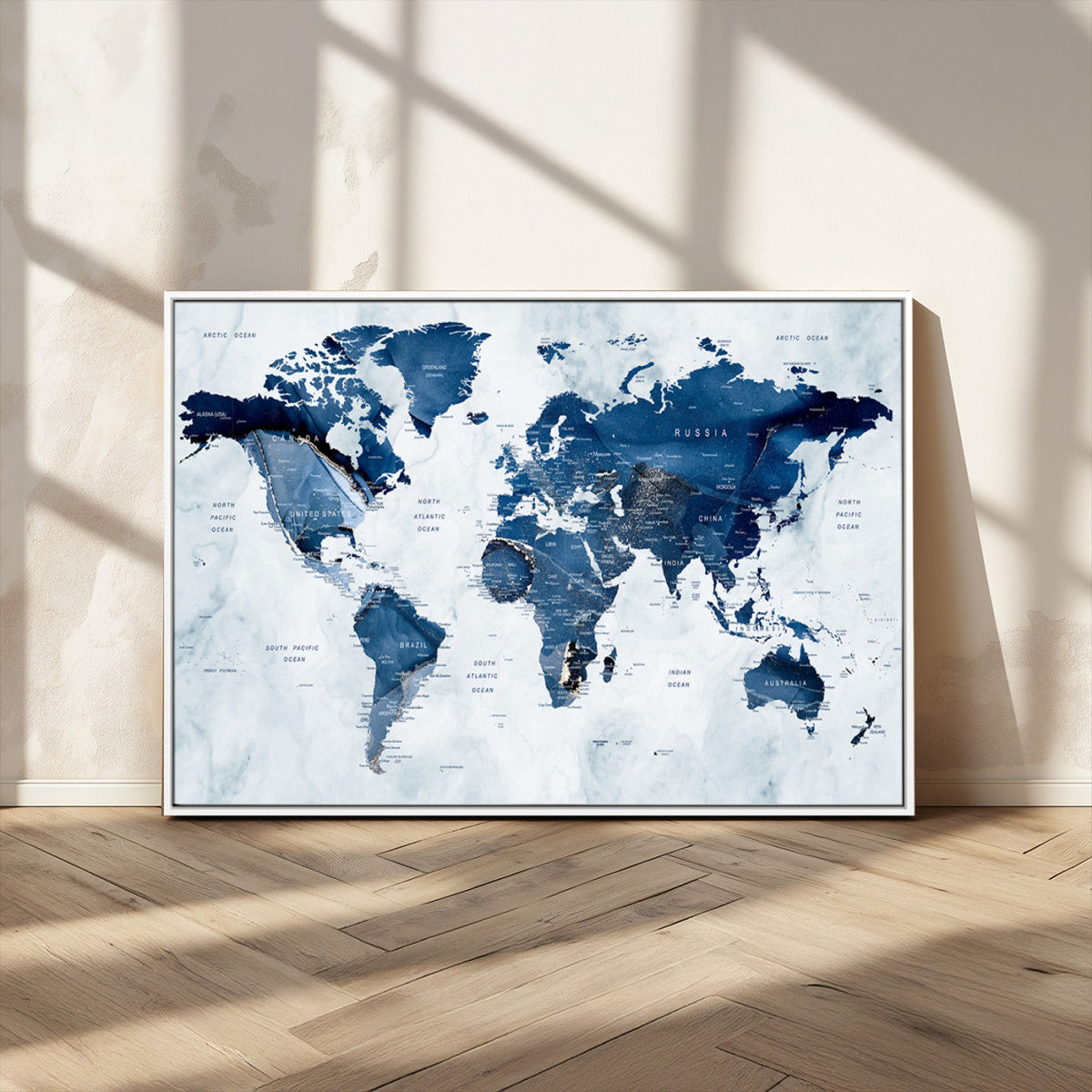 Modern Blue World Map Canvas Print – Framed Wall Art,