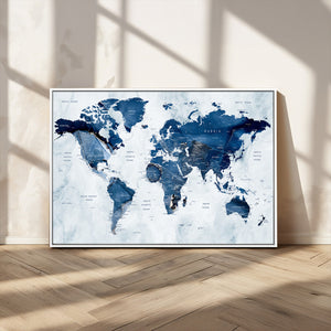 Modern Blue World Map Canvas Print – Framed Wall Art,