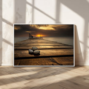 Stones on Wooden Pier at Sunset Canvas Print, Serene Coastal