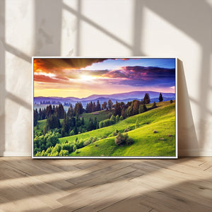Green Hills and Sunset Wall Art Print - Scenic Landscape