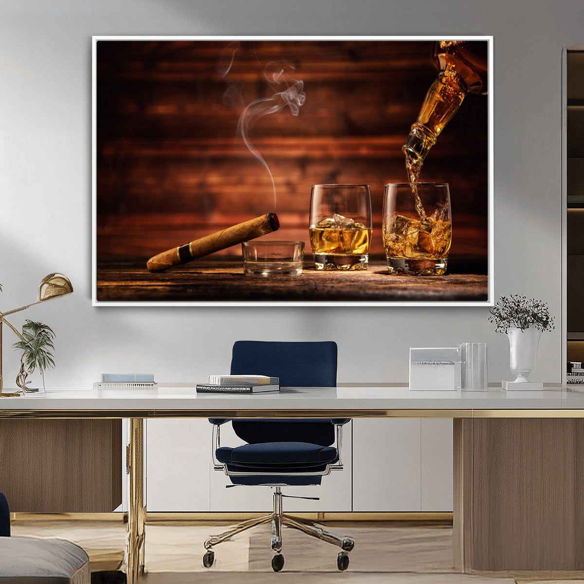 Whiskey and Cigar Wall Art Canvas | 3 Panel Bar Room Decor