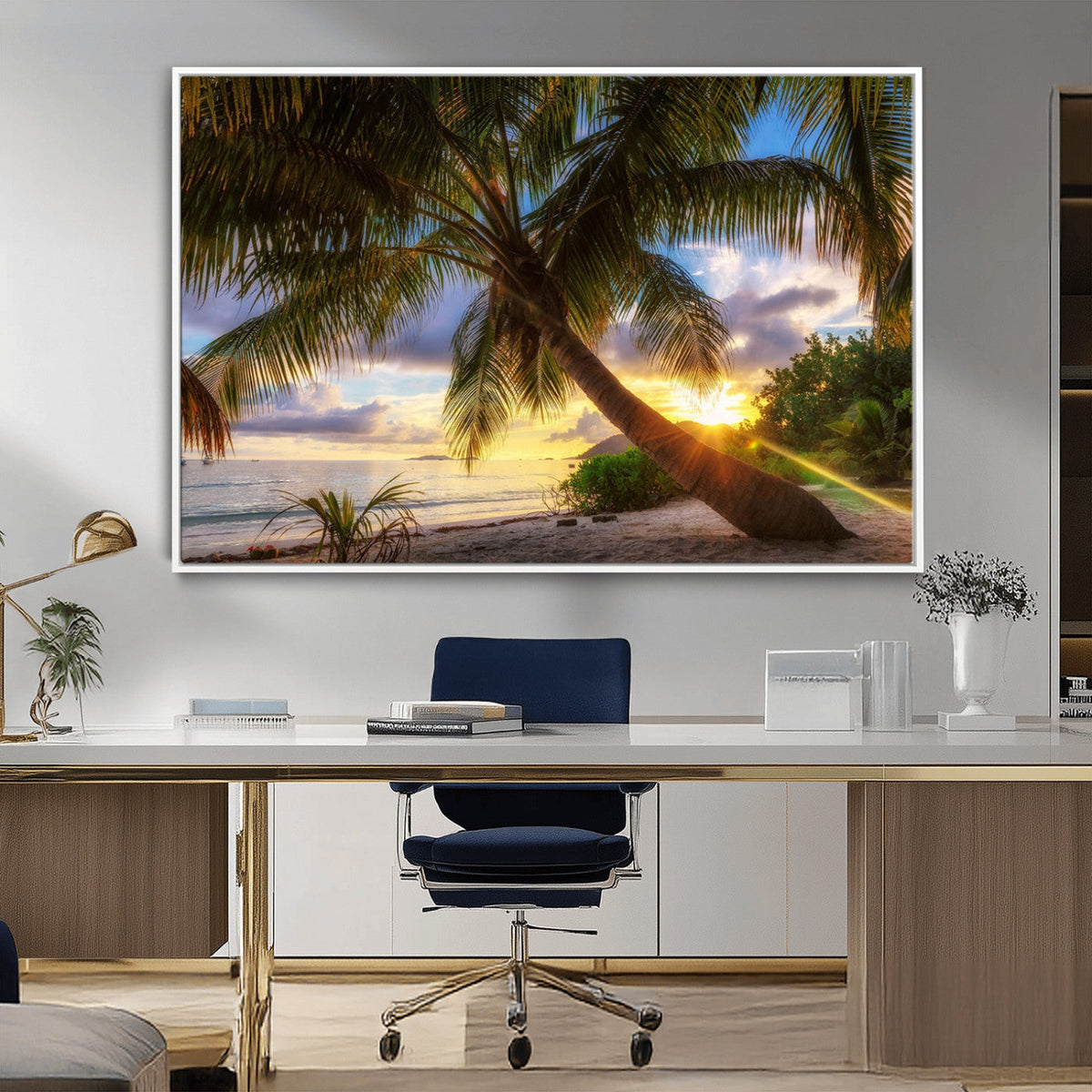 Tropical Island Sunset on the Beach Palms Wall Art Canvas
