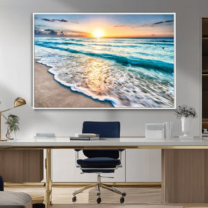 Sunset Beach Waves Canvas Wall Art – 5-Panel Ocean Sunset