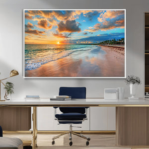 Sunset Ocean Waves on Tropical Beach, 3-Panel Giclee Canvas