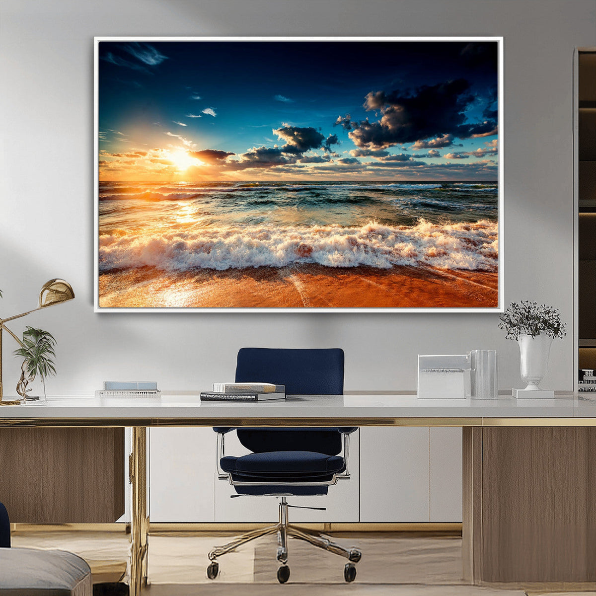 Golden Hour Sunset Over Ocean Waves Wall Art Canvas Print |