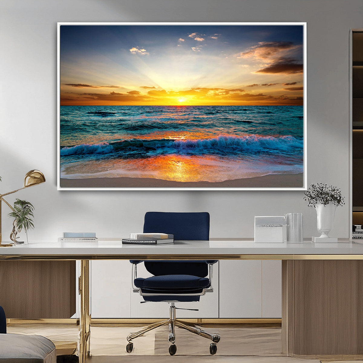 Vibrant Ocean Sunrise Over Golden Beach Waves, Giclee Canvas