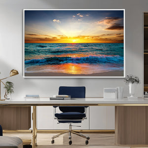 Vibrant Ocean Sunrise Over Golden Beach Waves, Giclee Canvas