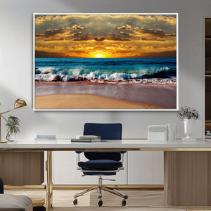 Ocean Sunrise Over Golden Beach Waves, Giclee Canvas Wall