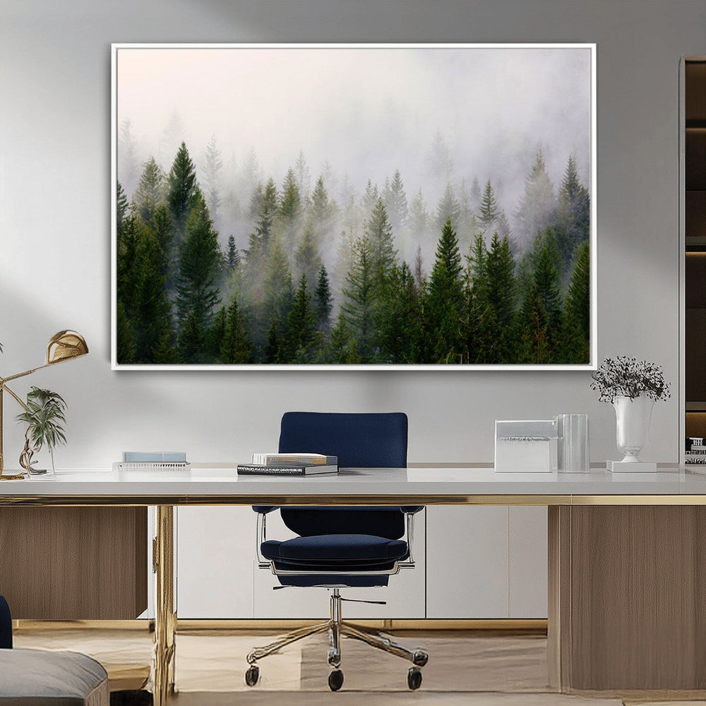 Misty Pine Forest Wall Art Canvas Print | 3 Panel Green