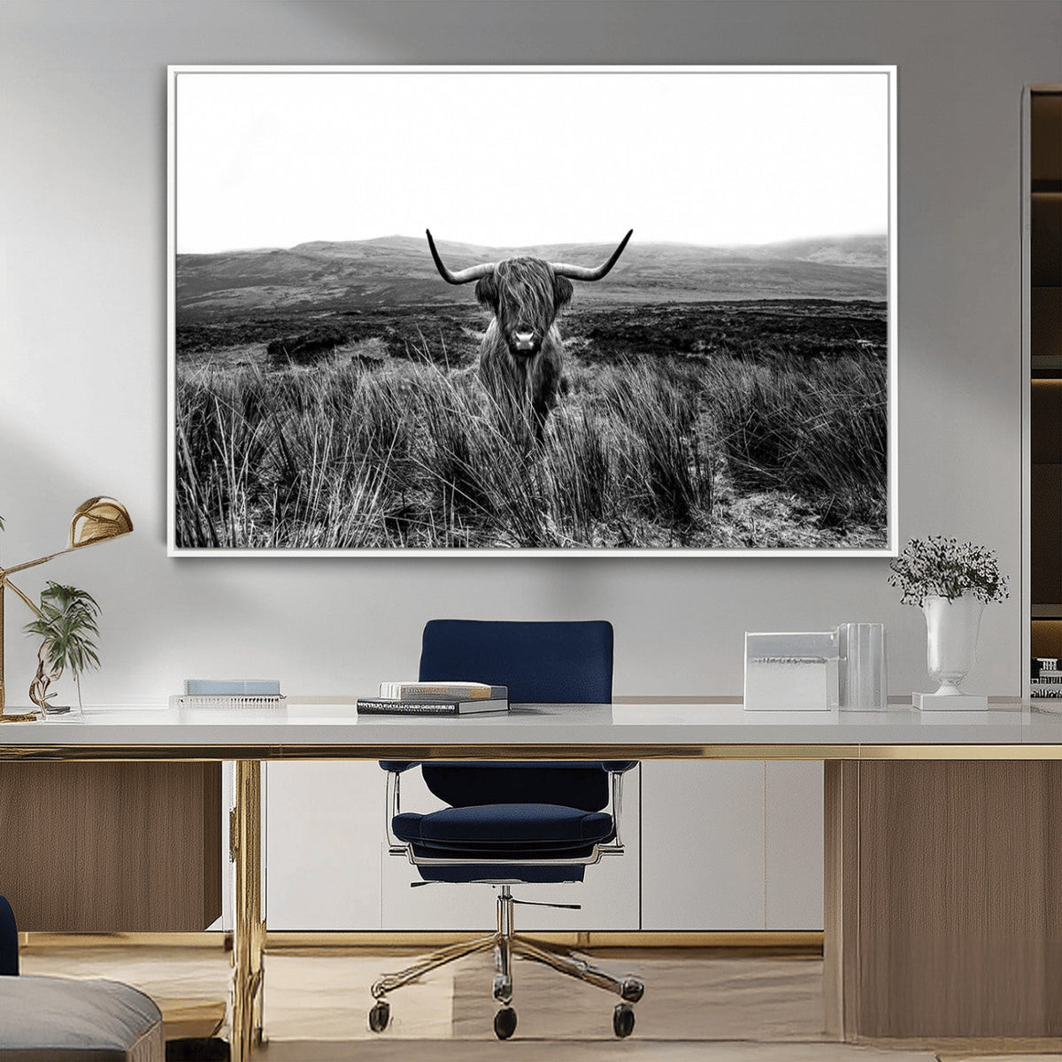 Black and White Highland Cow Canvas Wall Art, Longhorn