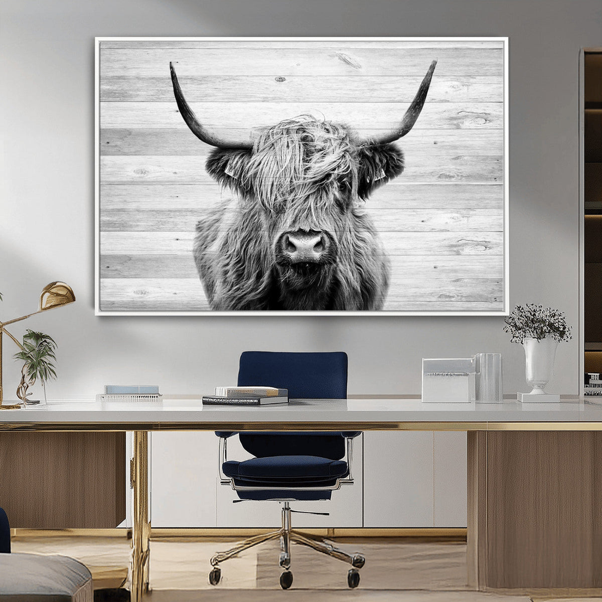 Scottish Highland Cow Cattle Art Print on Wood Background