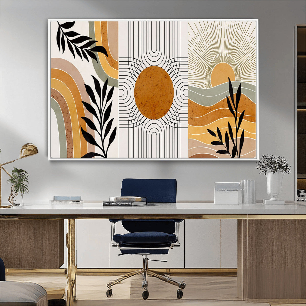 Modern Boho Sun and Leaf Abstract Art – 3-Panel Giclée