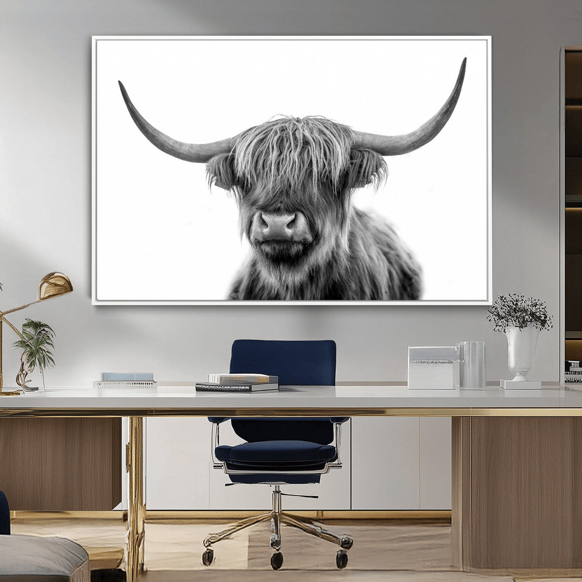 Grayscale Scottish Highland Cow Cattle Art Print Farmhouse