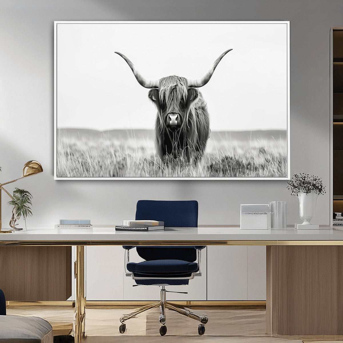 Highland Cow Canvas Wall Art – Majestic Beauty in Black and