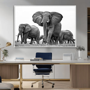 Black White Elephant Family Wall Art Canvas Print