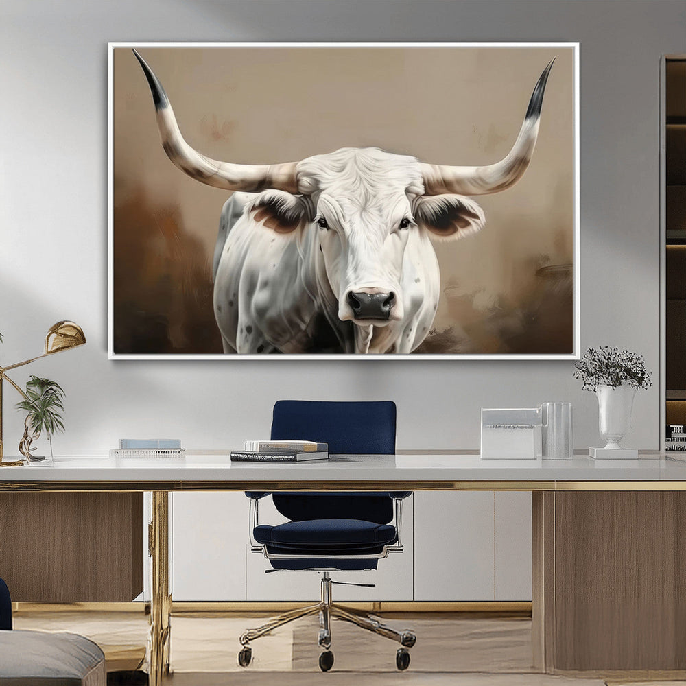 White Longhorn Bull Wall Art Canvas Print – Framed and Ready