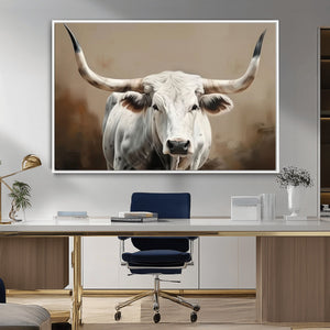 White Longhorn Bull Wall Art Canvas Print – Framed and Ready