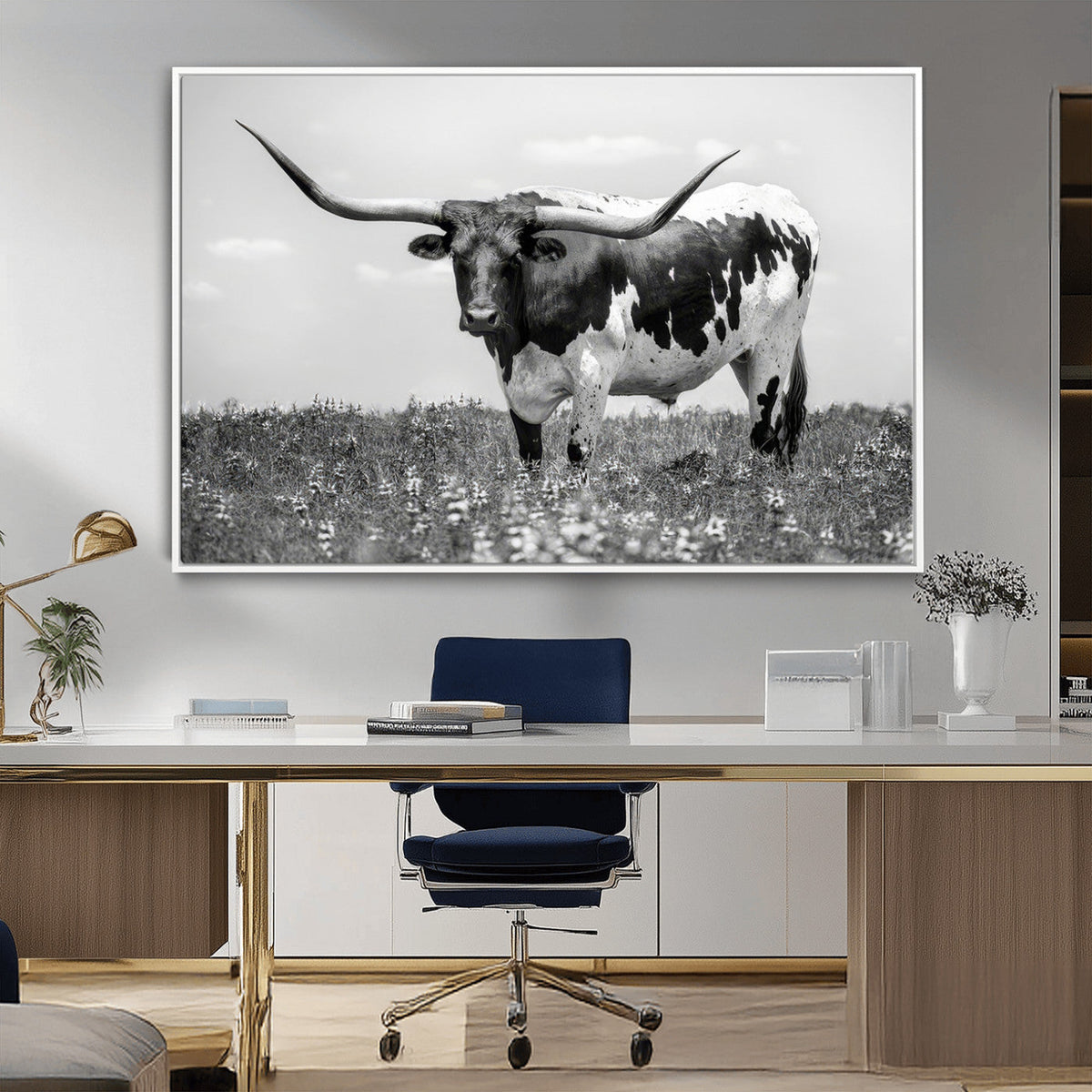 Texas Black White Highland Longhorn Cow Wall Art Canvas