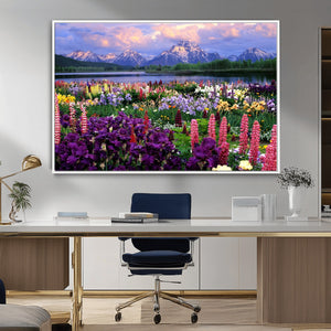 Vibrant Wildflower Garden and Mountain View Giclee Canvas
