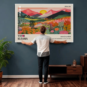Yayoi Kusama Landscape Canvas Print, Vibrant Floral Mountain Art Print, Framed Botanical Wall Art -