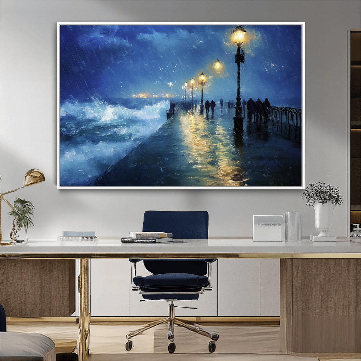 Storm Ocean Pier Canvas Wall Art Print - Large Moody Night