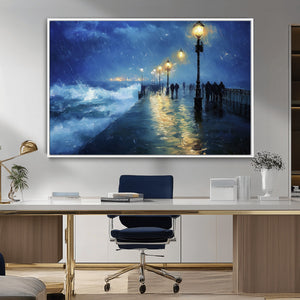 Storm Ocean Pier Canvas Wall Art Print - Large Moody Night