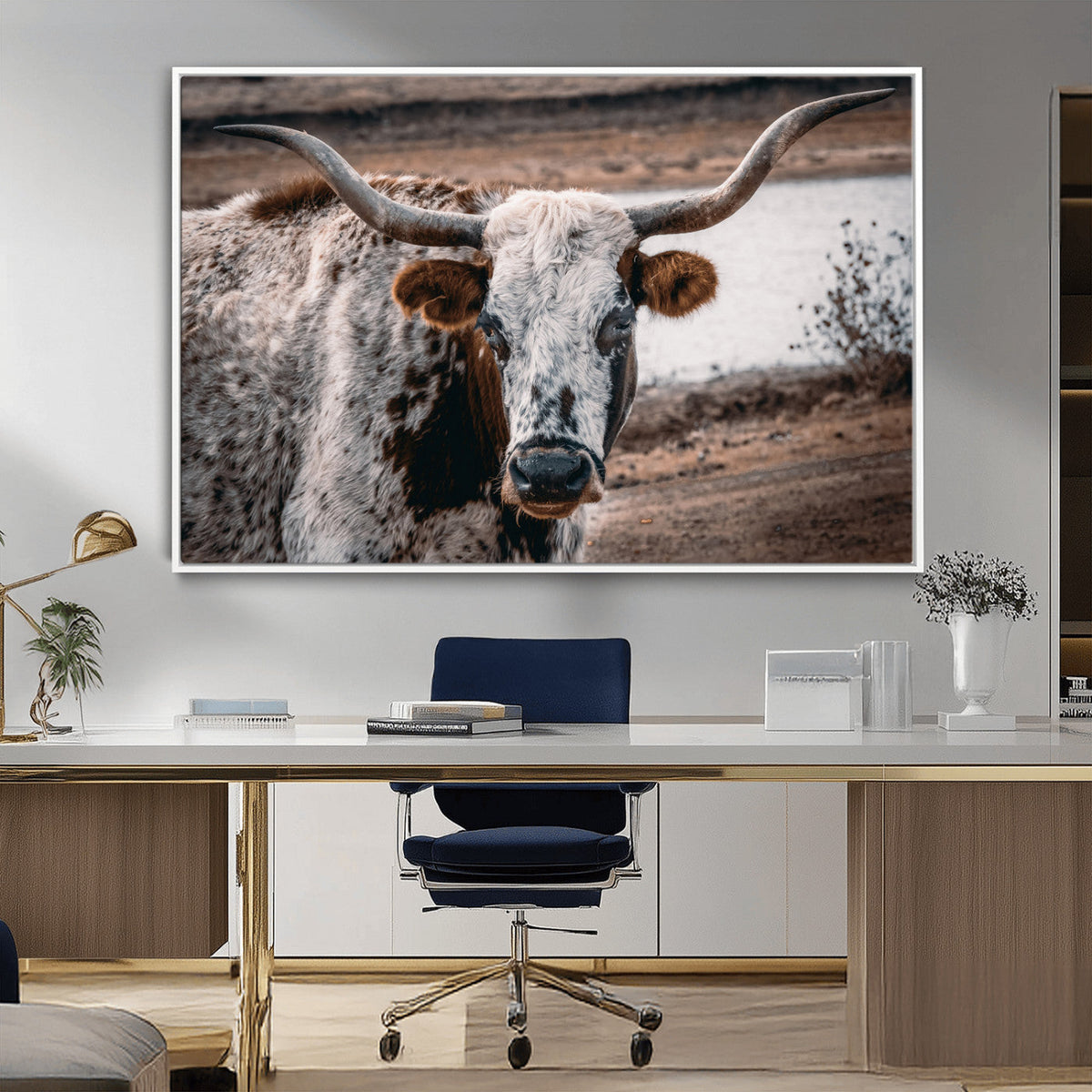 Texas Longhorn Wall Art Canvas Print – Framed Spotted Bull