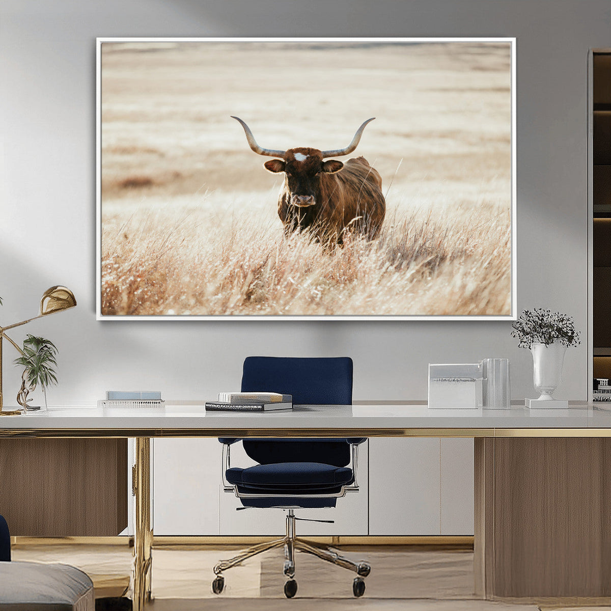 Texas Longhorn Wall Art Canvas Print – Framed Brown Horned