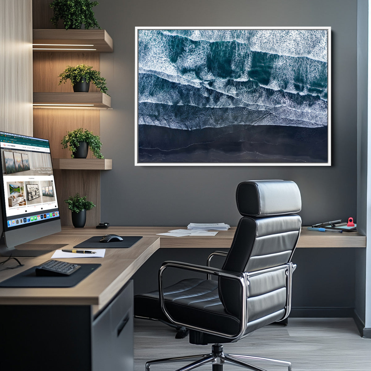 Black Beach Wall Art Canvas Print – Framed Aerial Ocean View