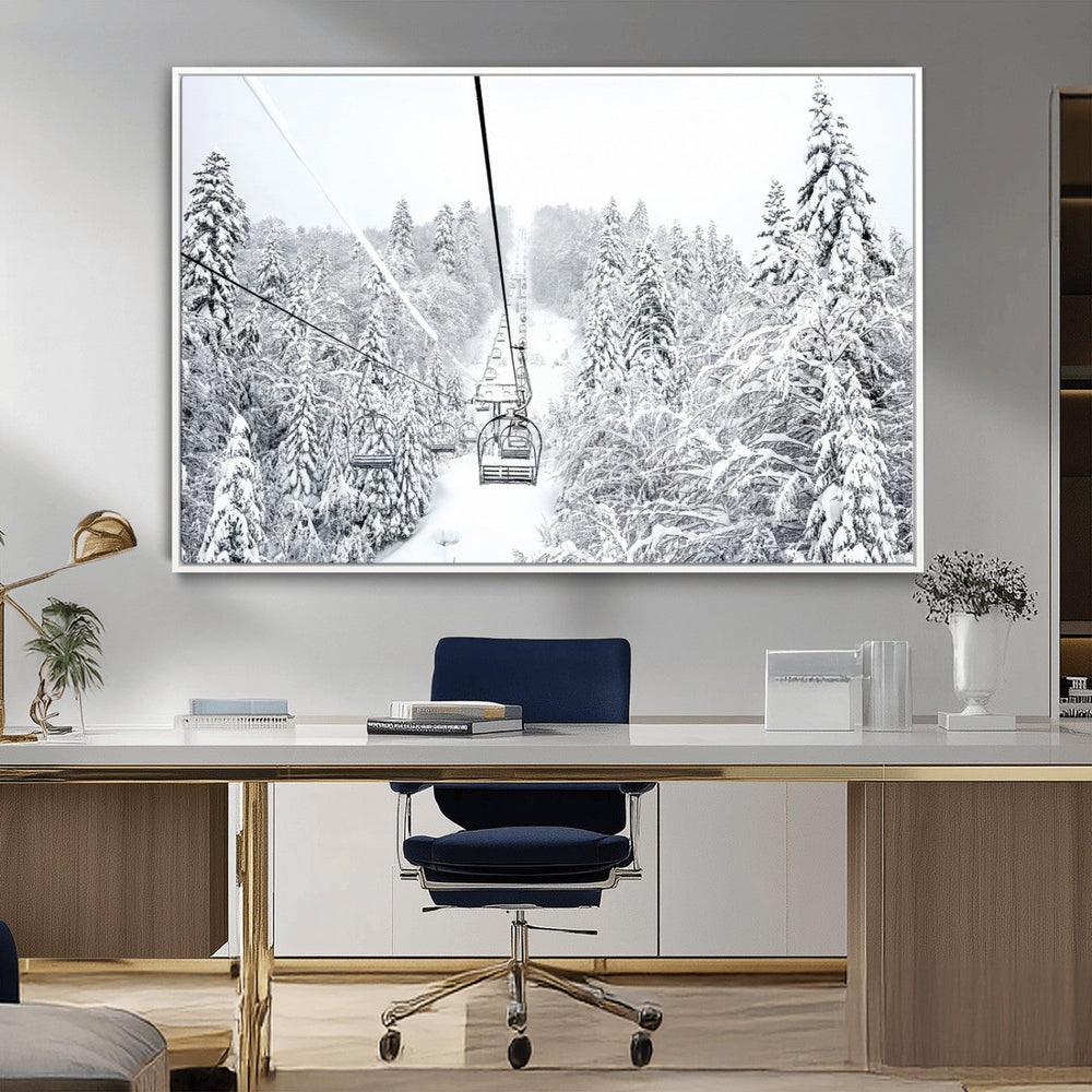 Snowy Ski Lift Wall Art – Framed Winter Mountain Canvas