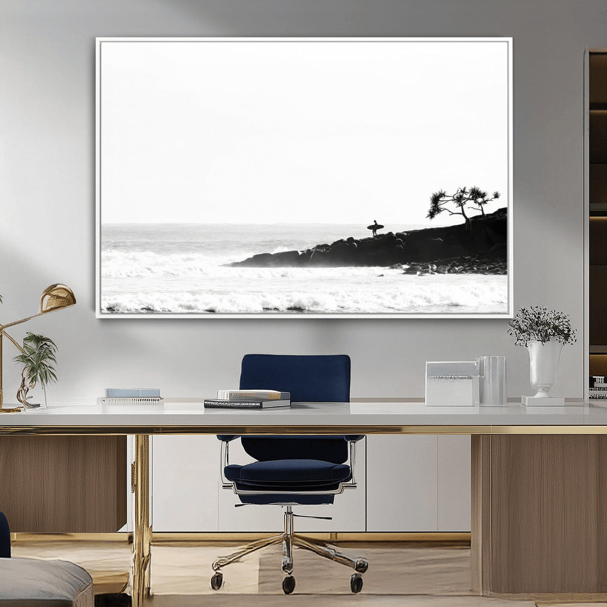 Surfer Cliffs Wall Art Canvas Print – Framed Black White